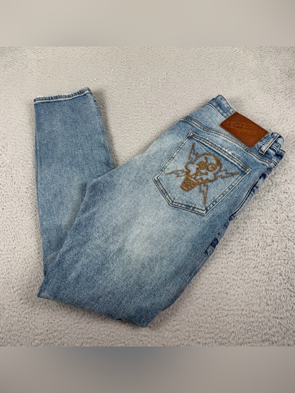 Icecream Jeans Mens 34 Blue Denim Selvedge Distressed Button Fly Light Wash Y2K